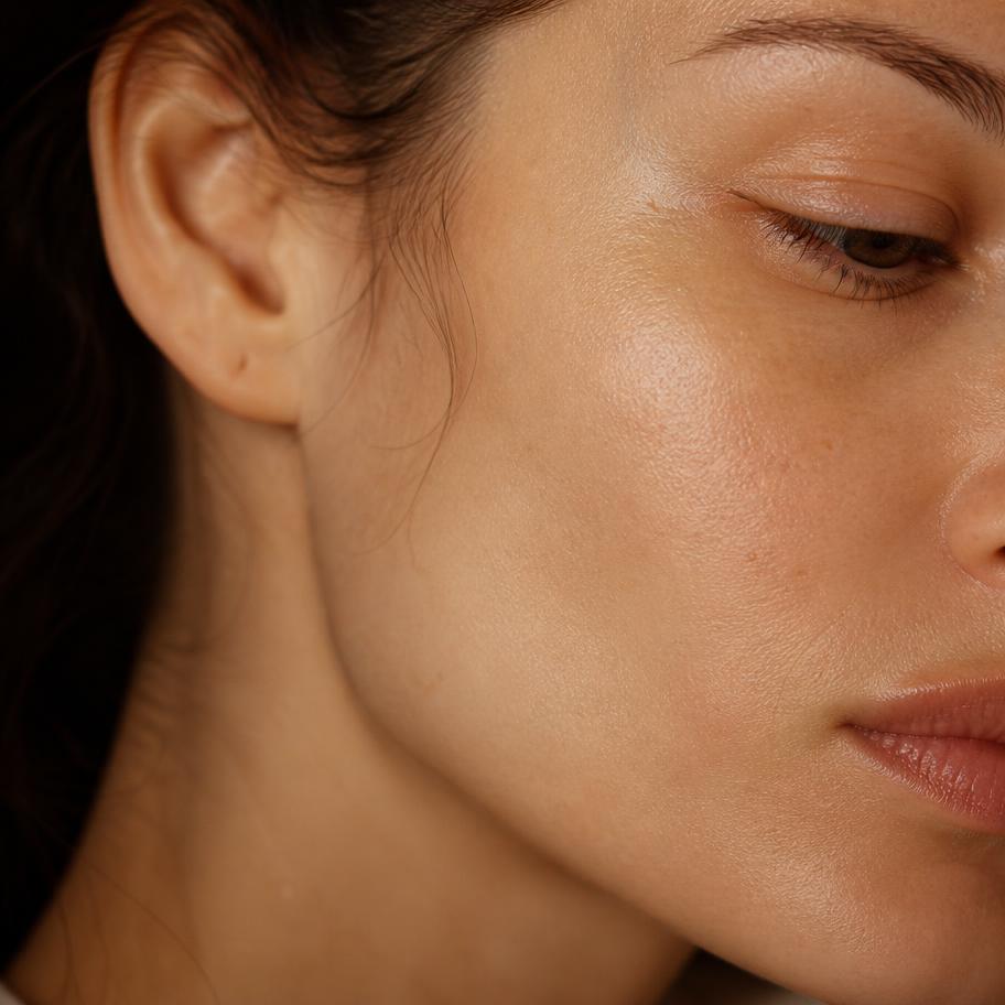 Close-up of healthy, bare skin across the cheek and jaw in soft natural light