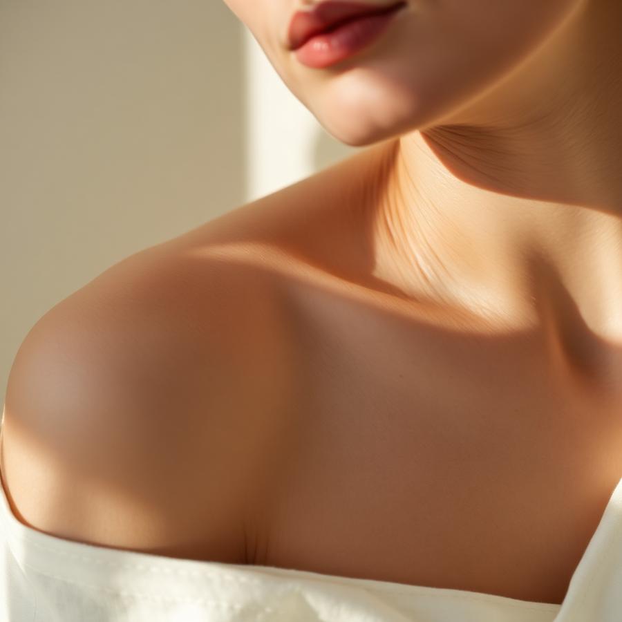 Soft crop of a relaxed shoulder and neckline with warm cream fabric