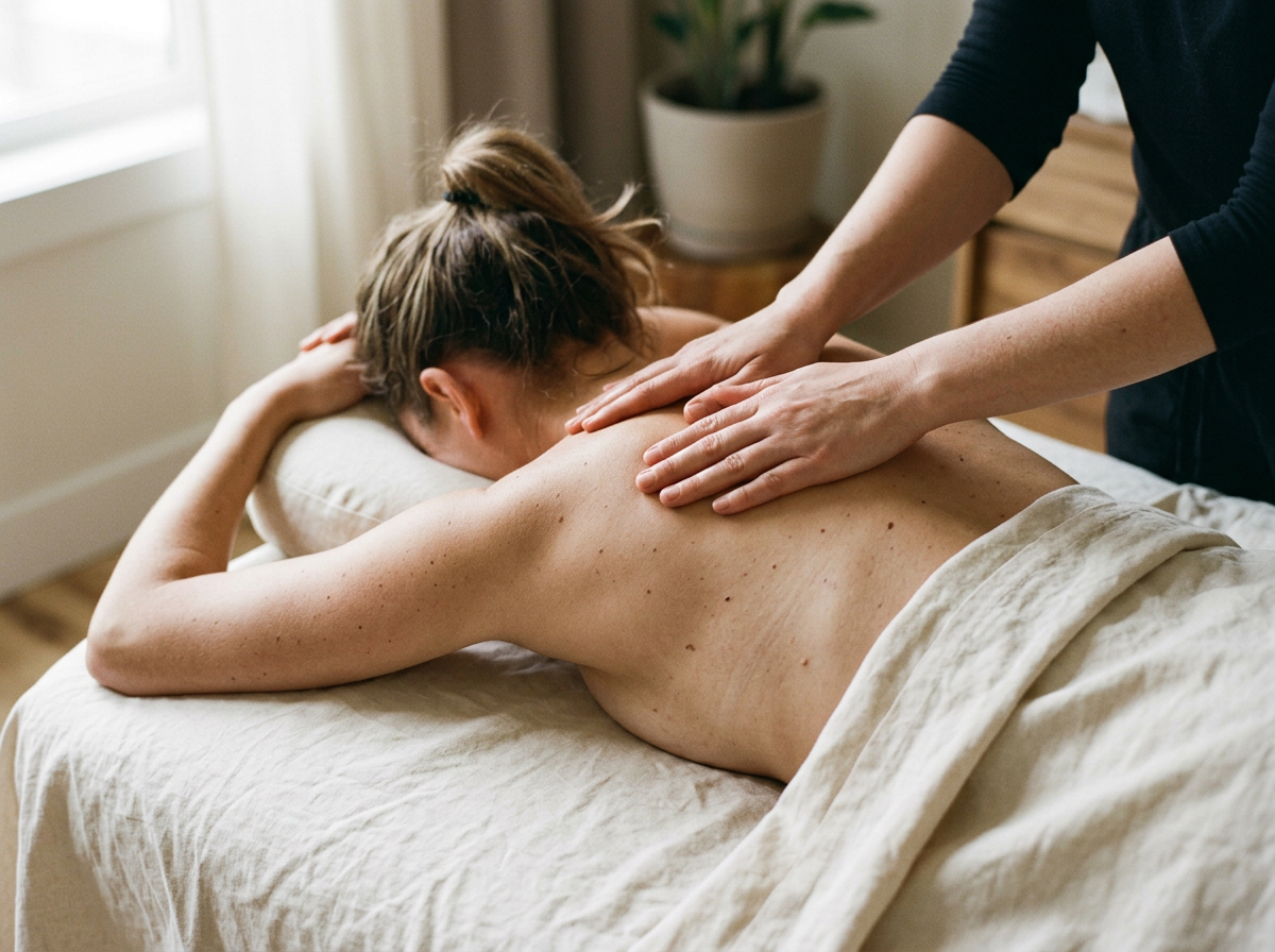 Therapist's hands performing a calm massage on a client's back over cream cotton linen